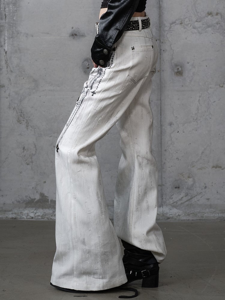 mit Kettennieten Print Punk Cross Hose Button-Up Wide-Leg Fly Weiß