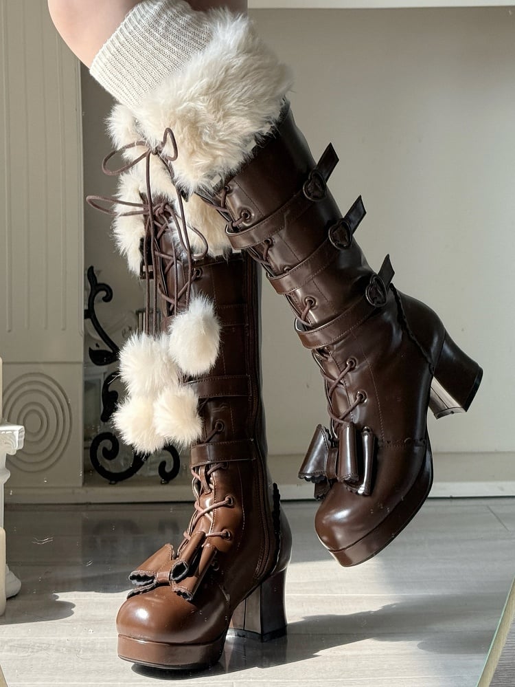 Dark at Closure - Top Boots Hybrid Elegant Brown Winter Lolita Bow