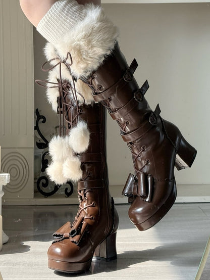 Dark at Closure - Top Boots Hybrid Elegant Brown Winter Lolita Bow