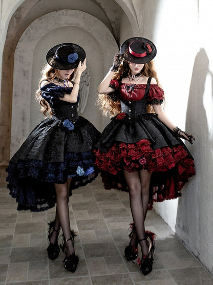 Gothic Underbust JSK Dress with Off-Shoulder Blouse, Dark Blue & Black, High-Low Skirt - Sheer Ocean