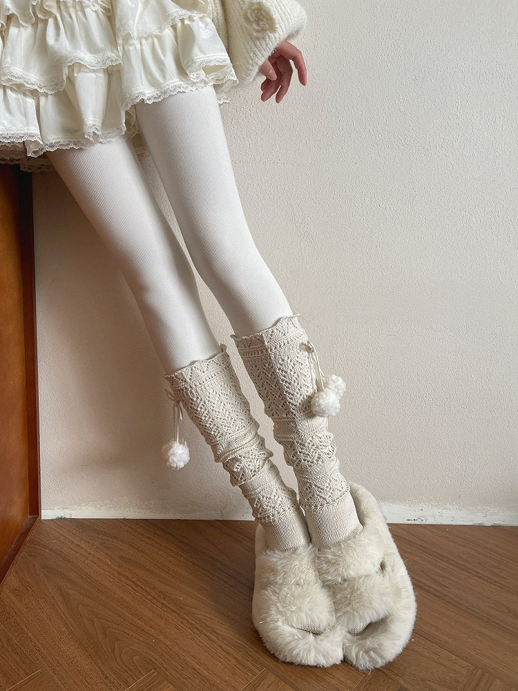 Decoration Creamy Sockswith Knitted Cutout Calf Design Pom-pom White/Brown/Black