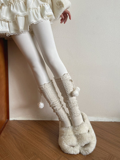 Decoration Creamy Sockswith Knitted Cutout Calf Design Pom-pom White/Brown/Black