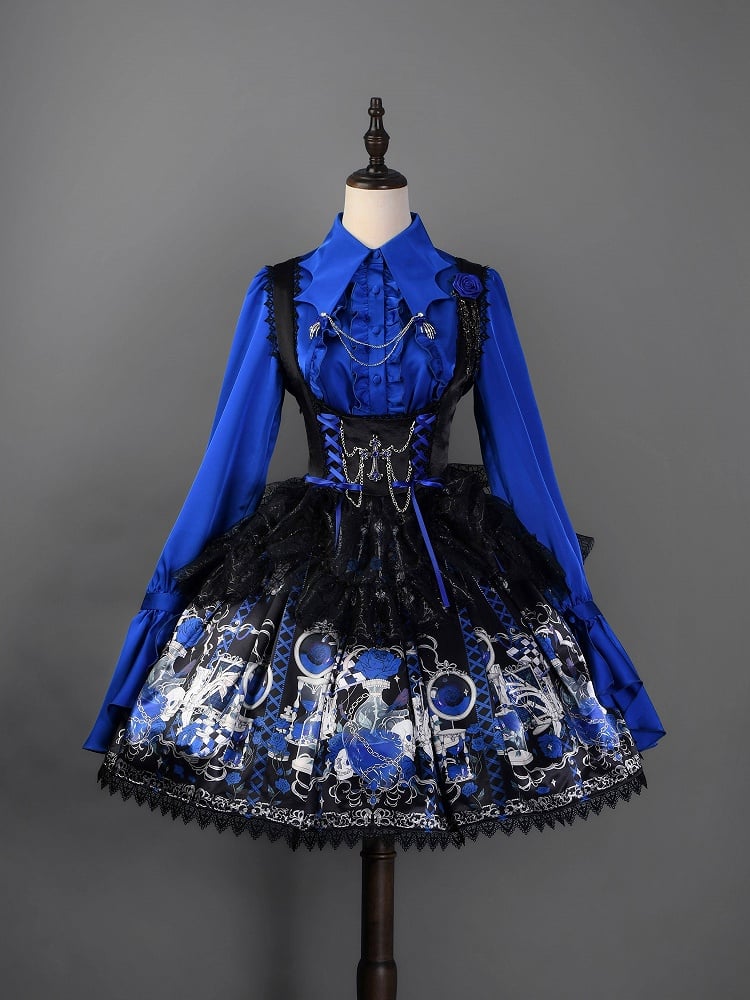 Klein Collar Satin Lolita Gothic Blue with Shirt Ruffle Details Bat-Wing