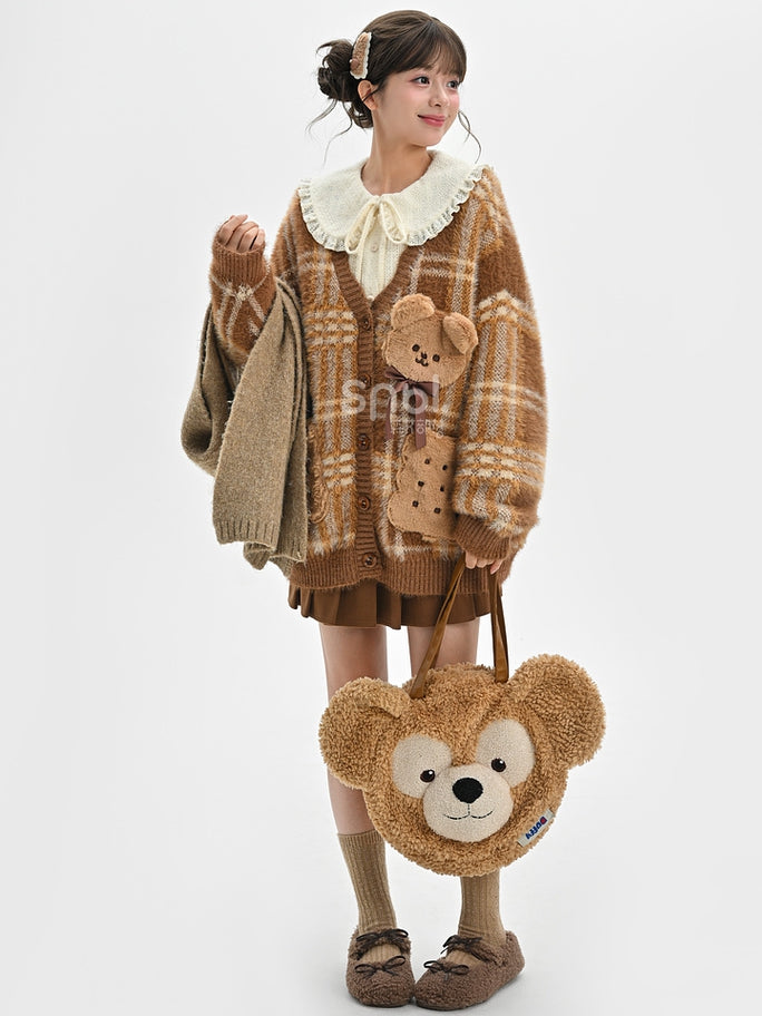 Brown Cute Cookie Bear Adorned Plaid Loose Cardigan