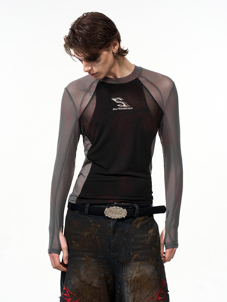 Haut coupe ajustée Panneau Manches Poignets avec trous pour les pouces Noir avec longues semi-transparentes