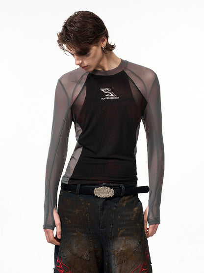 Haut coupe ajustée Panneau Manches Poignets avec trous pour les pouces Noir avec longues semi-transparentes