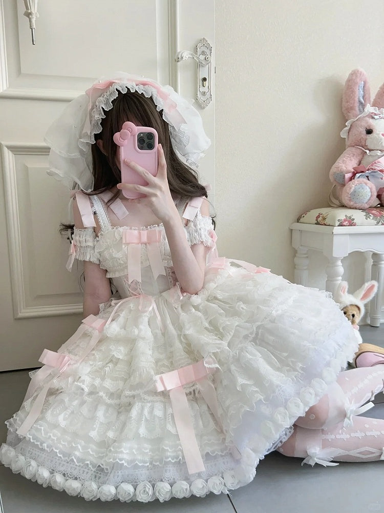 Dress Pink Off-the-shoulder Lolita Sweet Bow White Layered Hime Accents with Lace Ruffles