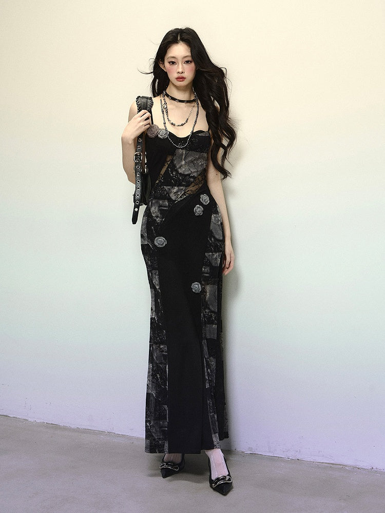 Black Floral Embellished Lace Patches Slim-fitting Cami Dress