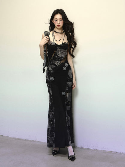 Black Floral Embellished Lace Patches Slim-fitting Cami Dress