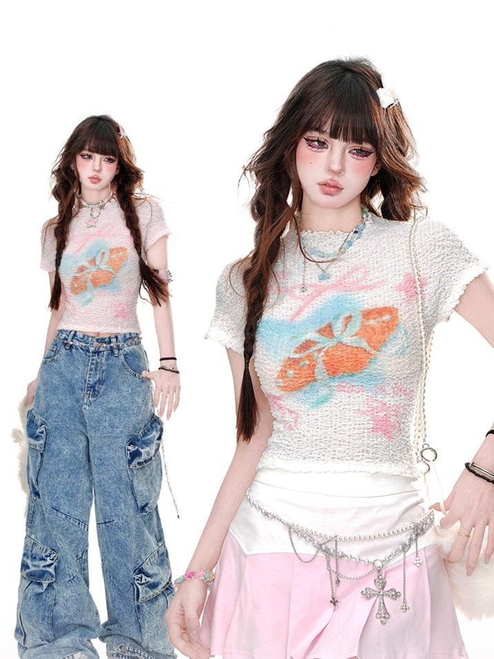Neck Graphic T-Shirt Pink/White Crew Glamorous Cropped