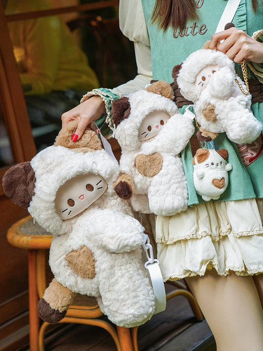ぬいぐるみ + オプション 4 ホワイト バックパック/クロスボディ キーチェーンバッグ 小/中/大サイズ キティ型