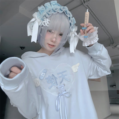 Tenshi Kaiwai Hellblaue Charaktere Schnürdetail Yami Kawaii Hoodie