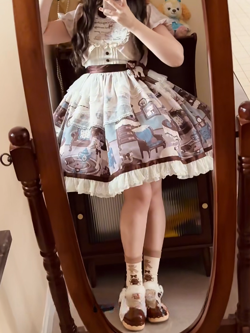 Trims Beige with Dress Brown Lolita Round Print Home Sheep's Sweet Neck Lace