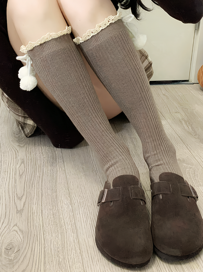 Milk White/Khaki/Camel/Red/Black Lolita Lace Trim Calf Socks With Pompons