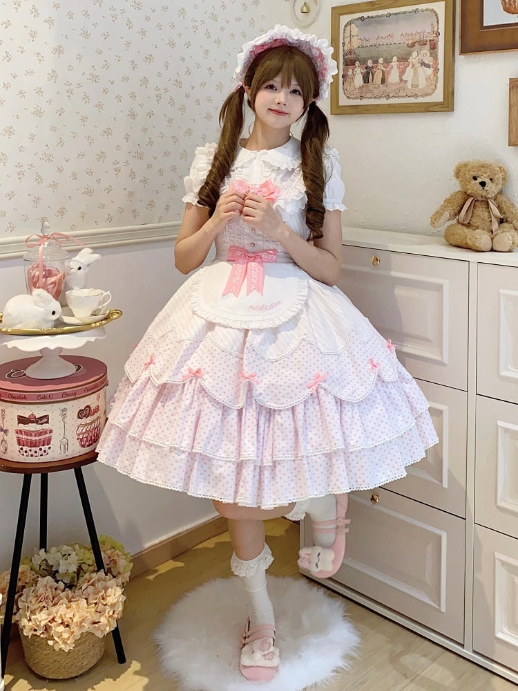 Lolita Jumper School White Pattern Pink Skirt Dress Polka Dots Old Stripes and