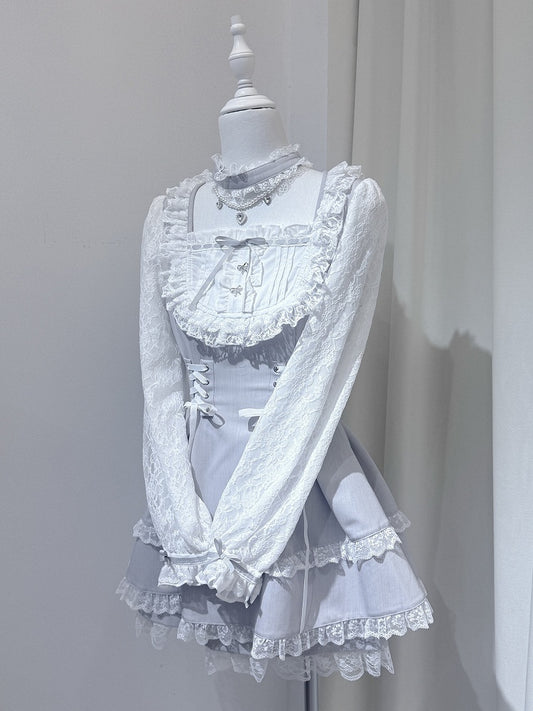 Dress Set With Choker Sleeve Lace Design White Gray Shorts Ryousangata Bead Trim Long + Chain Matching