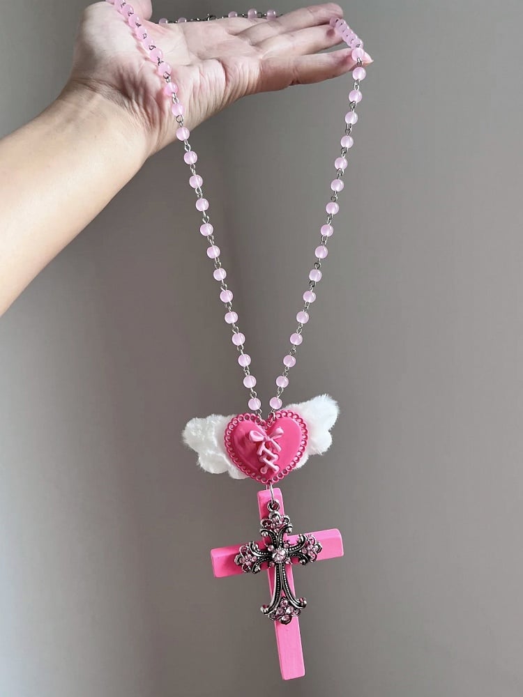 Black & White Y2K Heart Wing Cross Necklace - Kiwi Store
