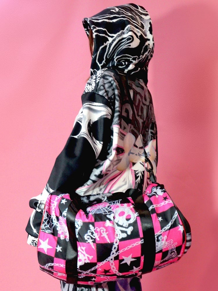 Verschluss Druck Schwarz Zip Brief Hoodie Muster Knochen Große Schleife Gyaru Mode