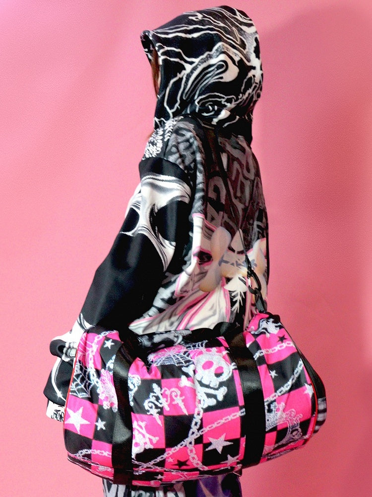 Buchstabe Schleife Schwarz Gyaru Verschluss Hoodie Zip Print Großes Muster Mode Knochen