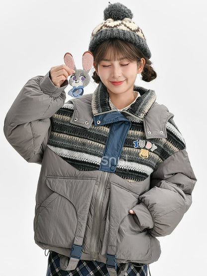 パッチワークデザイン グレー フード付きダウンジャケット