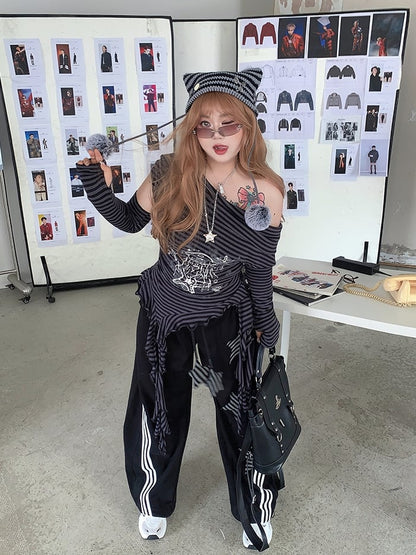 Size Black Wide-leg Casual Pants with Striped Star Appliques Plus Y2K