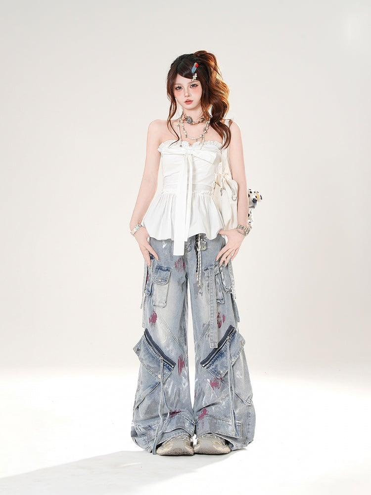 Big Bow Neckline White/Blue Strapless Top Plaid