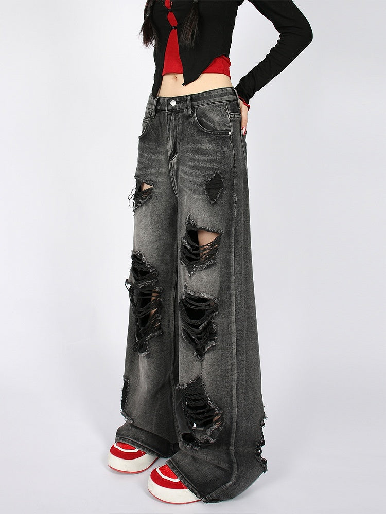 Black Distressed with Wide-Leg Low Wash Faded Waist Jeans