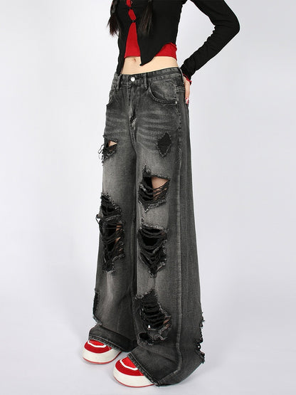 Black Distressed with Wide-Leg Low Wash Faded Waist Jeans