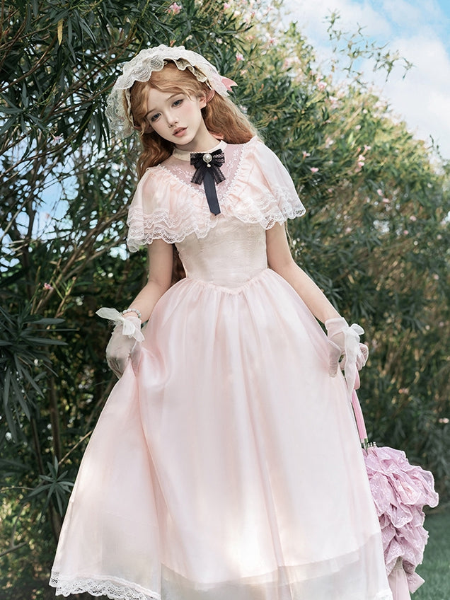 Lolita Stück Elegantes Illusionshals-Taillenkleid Baskenrosa Ein Edward-Ausschnitt