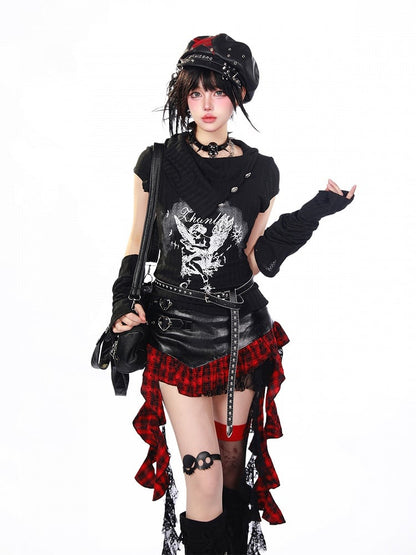 Red Plaid Mini Skirt with Black Faux Leather Panel and Cascading Lace Trim