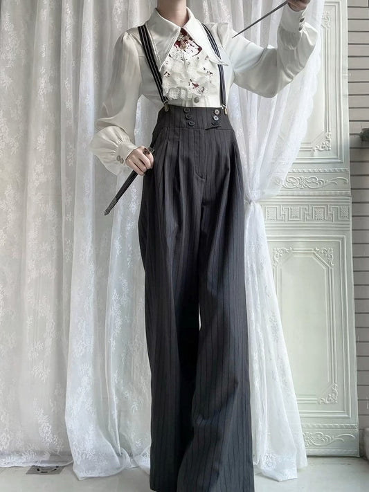 Striped Fabric Dark Ouji Pants Lolita Gray