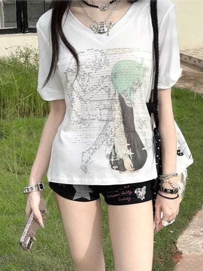 Grün/pinkes T-Shirt mit V-Ausschnitt und Anime-Mädchen-Print