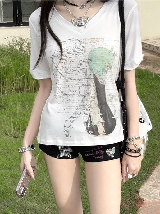 Green/Pink Anime Girl Print V-neck T-shirt