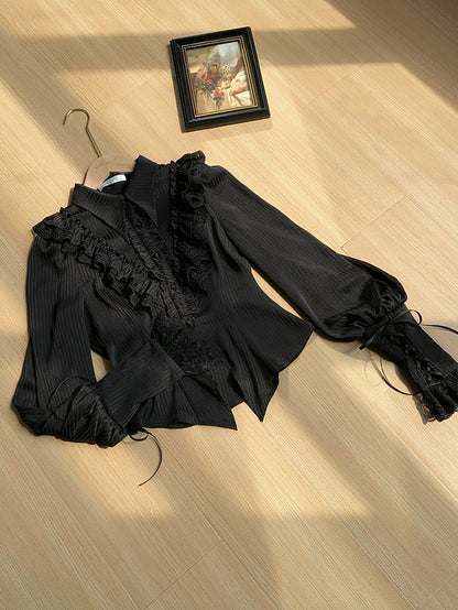 Lolita Pointed Collar Black Sleeves Shirt Gothic Long Foldover