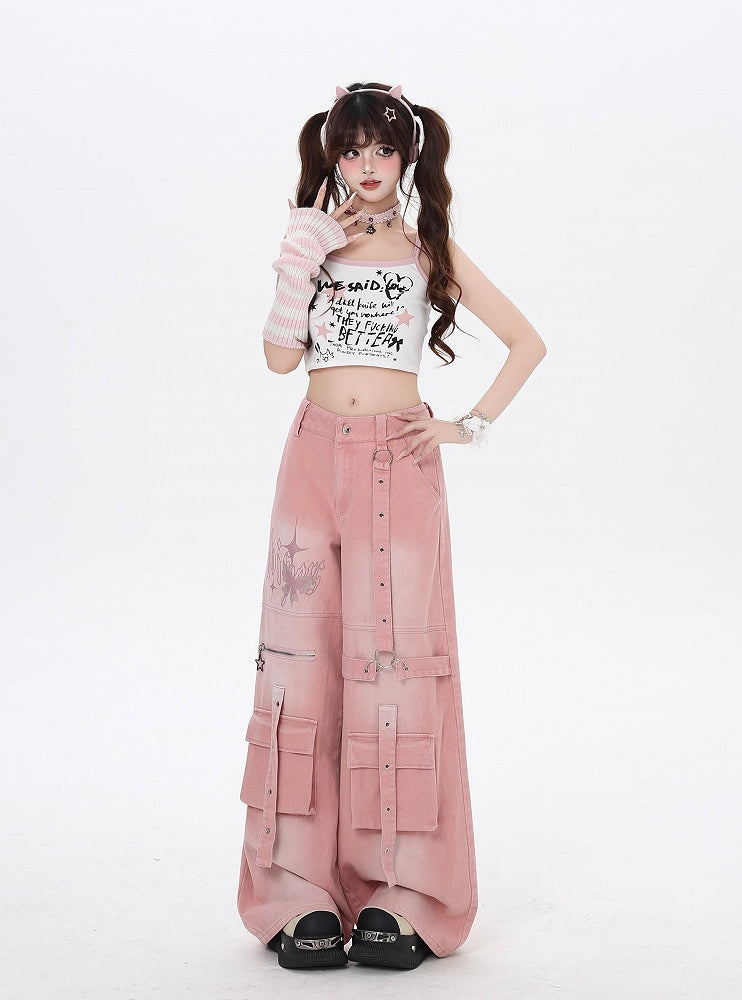 Print Wide-Leg Cargo Jeans Pink Butterfly Strap Details Vintage