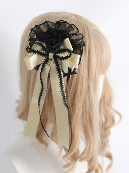 Lolita Design Trim Floral Sweet BlackGold Lace Hairclip Bowknot