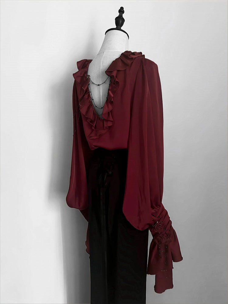 Crimson Poet Shirt with Floral Pins and Chain Accents - Shi Zhi Mao