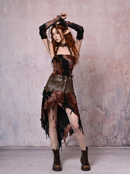 Wine Brown PU Hem Skirt with Handkerchief Red and Punk Black Wasteland Tie-Dye
