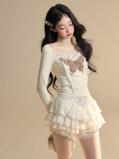 Aprikosenspitze Schmetterling bestickt Plüsch Manschette glamouröse Top gestrickte Trim