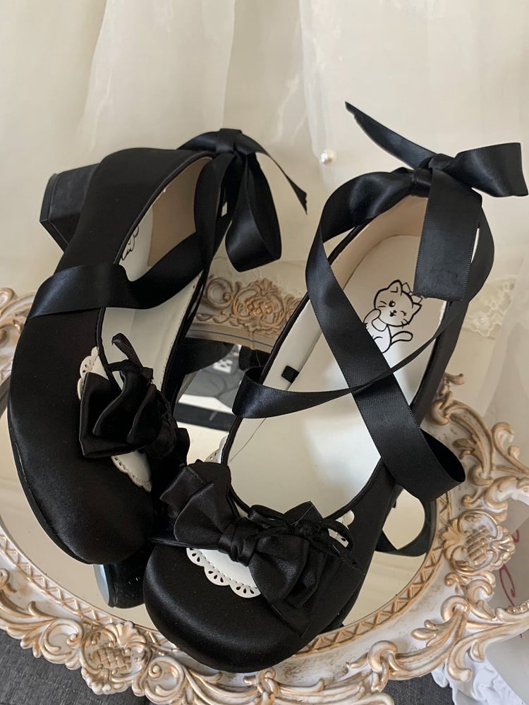 Sweet Lolita Satin Black Mary Janes - Round Toe with Detachable Heart Snap Strap & Top Bow