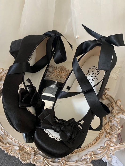Sweet Lolita Satin Black Mary Janes - Round Toe with Detachable Heart Snap Strap & Top Bow