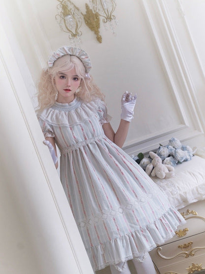 Leichtes Baumwollkleid mit Ärmeln und Taille, süßes Lolita-Kleid mit hohem Puffärmeln in Blau