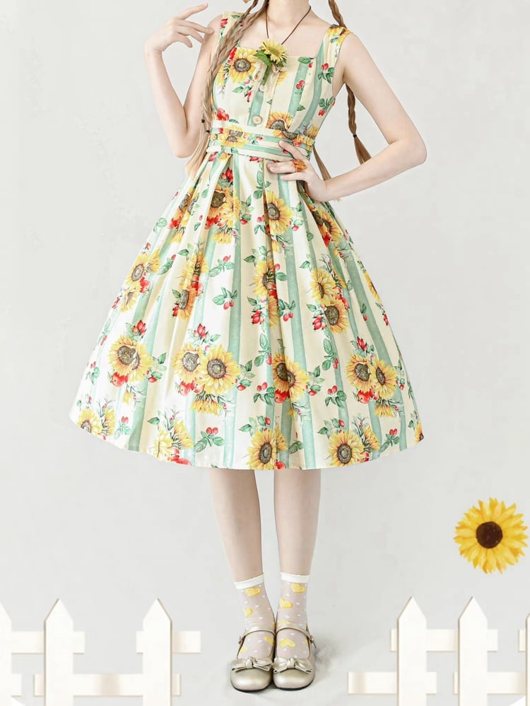 Yellow Sunflowers Square Neckline Elegant Classic Lolita JSK Dress