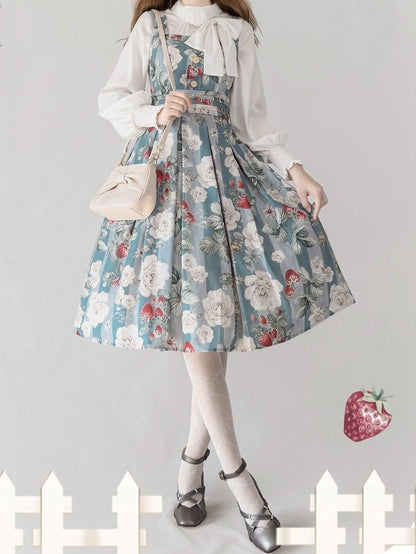 Staubblaues Erdbeer- und Rosen-Quadrat-Ausschnitt, elegantes klassisches Lolita-JSK-Kleid