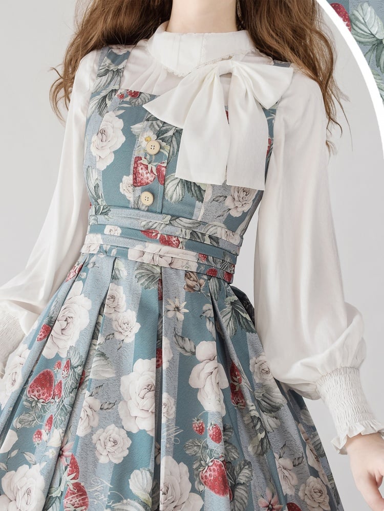 Staubblaues Erdbeer- und Rosen-Quadrat-Ausschnitt, elegantes klassisches Lolita-JSK-Kleid