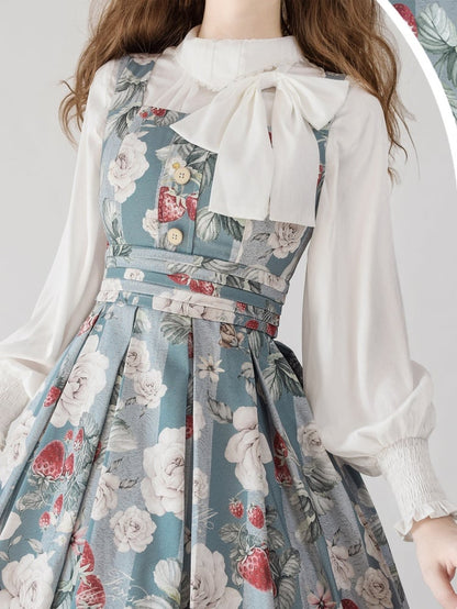 Staubblaues Erdbeer- und Rosen-Quadrat-Ausschnitt, elegantes klassisches Lolita-JSK-Kleid