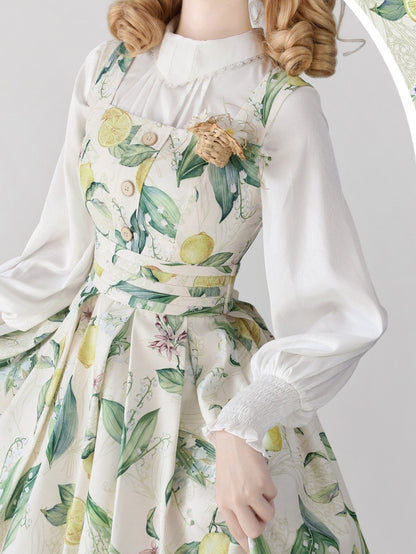 Elegantes klassisches Lolita JSK-Kleid mit quadratischem Ausschnitt in Gelb und Grün