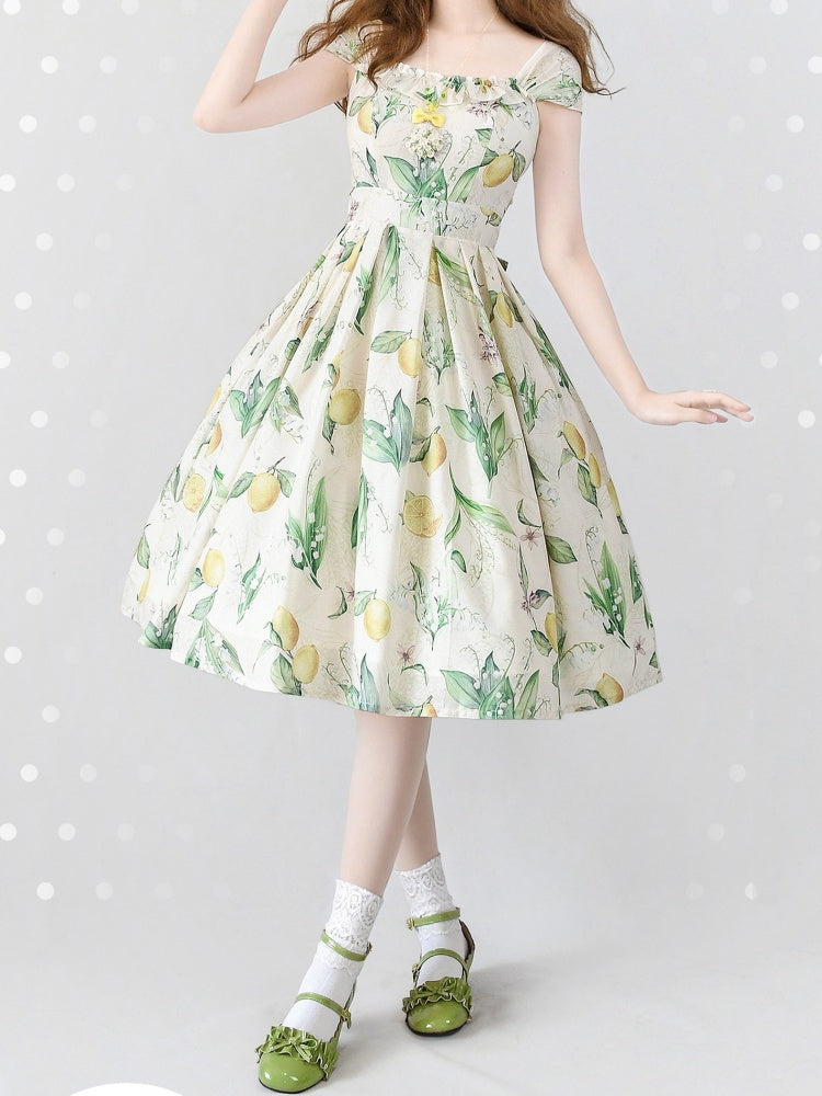 黄色と緑のレモン柄ジャンパースカートドレス