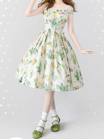 黄色と緑のレモン柄ジャンパースカートドレス