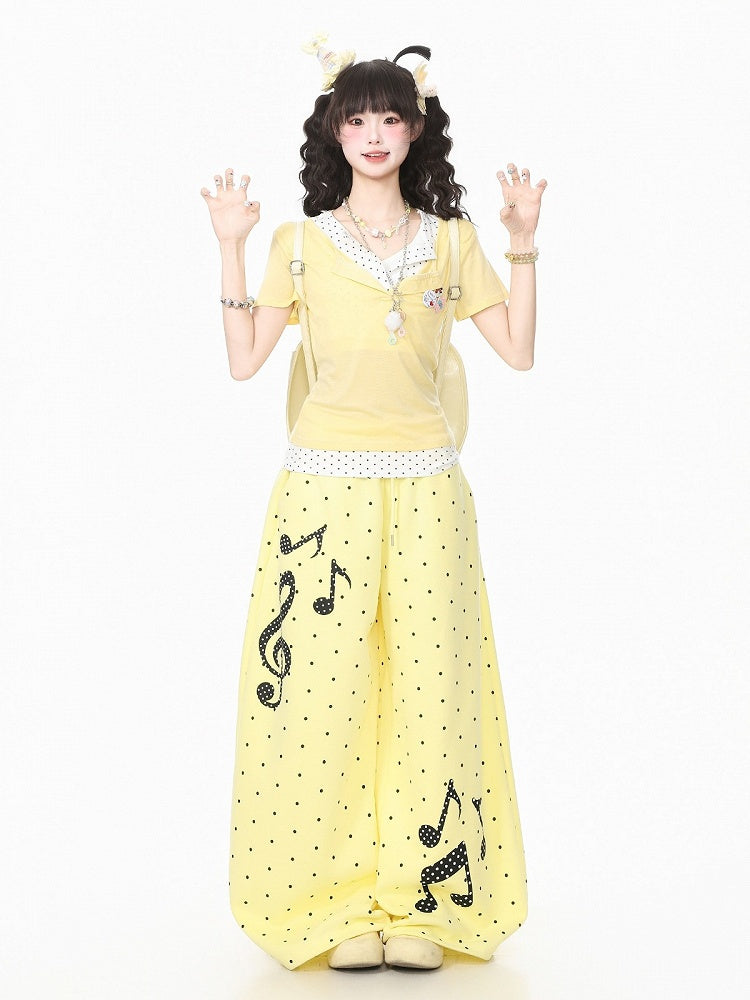 Yellow Casual Fake Two-Piece T-Shirt with Polka Dot - Languid Park
